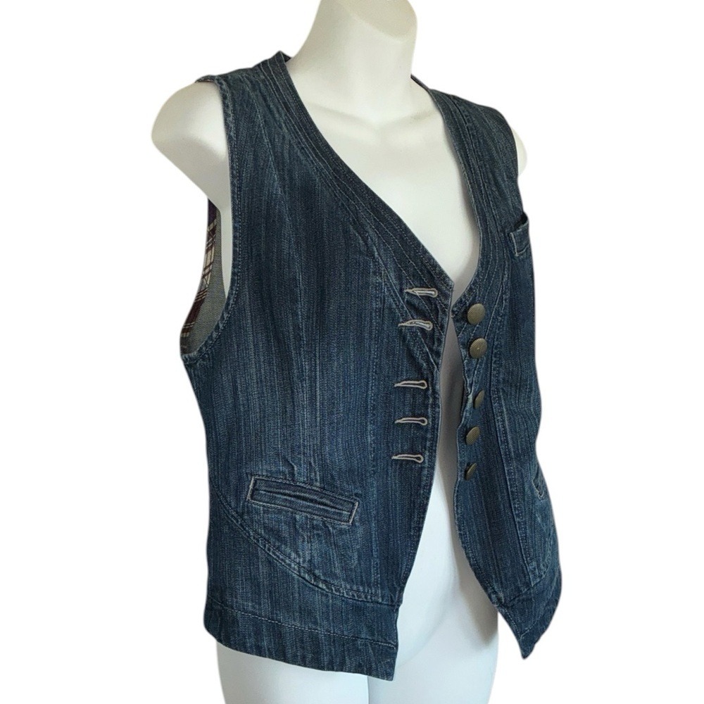 CABI Denim Vest, Women's M, Button Front, Button front, distressed Dark Wash EUC